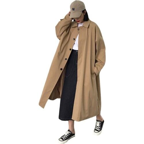 Spring autumn new Womens trench coat overcoat fashion medium long loose retro casual long-sleeved windbreaker jacket womens