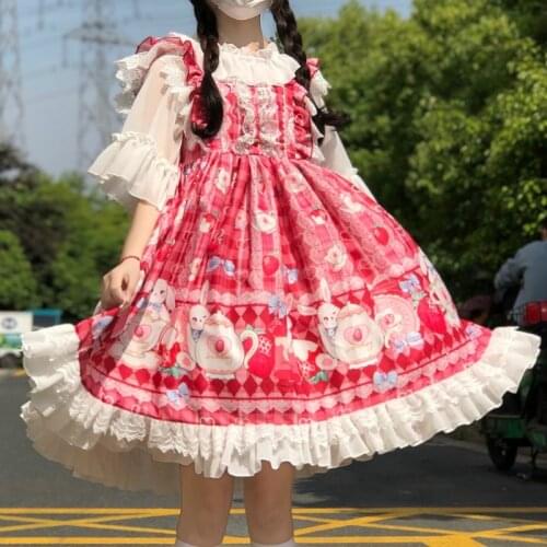 Japanese Sweet Strawberry Lolita JSK Dress Women Kawaii Daily Princess Dress Girls Tea Party Lolita Soft Sister Cosplay Costume