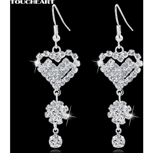 TOUCHEART long statement Silver color Earings Fashion Jewelry love designer crystal heart drop earrings for women SER150124