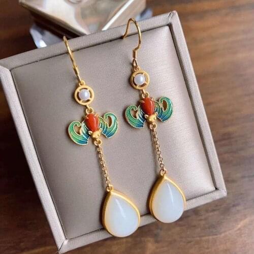 Silver inlaid natural Hotan white jade drop shaped antique Earrings antique Enamel Charm womens Christmas Halloween Gift
