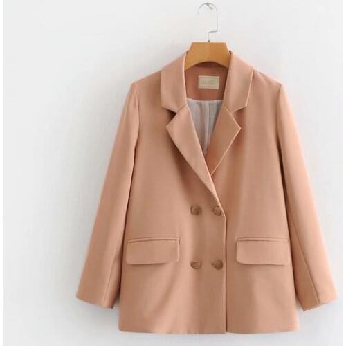 Women Suit Blazers Pink Solid Fashion Vintage Rope Medium Long Metal Double-breasted Loose Size Blazer Feminino 2020 New Spring