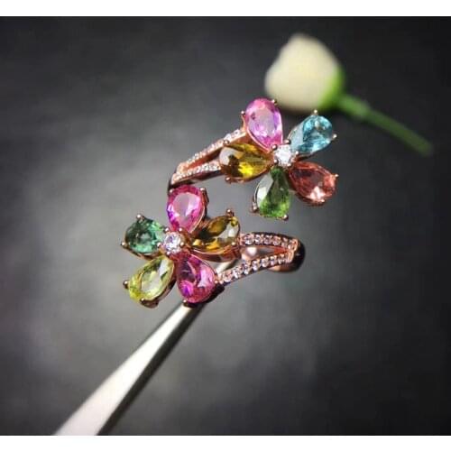 Luxurious Elegant Flower Natural Multicolor tourmaline Ring S925 Silver Natural Gemstone Ring Womens wedding gift fine Jewelry