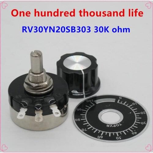 2pcs RV30YN20S B303 3W , 30K ohm Adjustable Resistance of Single Ring Carbon Film Potentiometer + 2pcs A03 knob + 2pcs dials