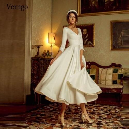 Verngo Vintage Ivory Silk Satin A Line Short Wedding Dress 2/3 Long Sleeves V Neck Beach Country Tea Length Bridal Dresses