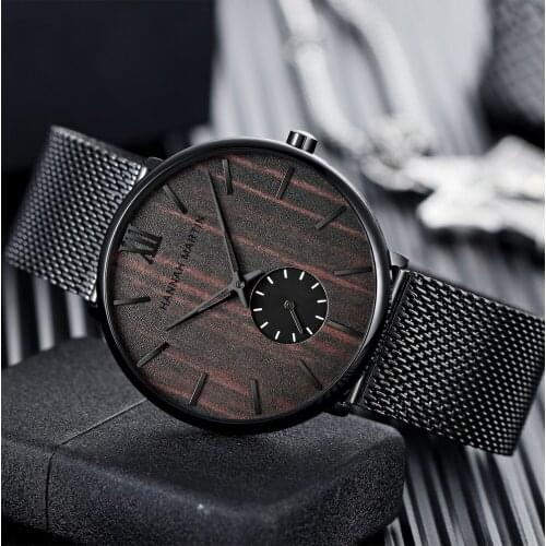 Hannah Martin Watch 1002 Hot Sale Ebony Cherry Wood Dial Quartz Wristwatches Simple Business Watches Men Wrist Relogio Masculino