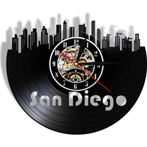 USA City Cityscape San Diego Skyline Carved Album Music Record Clock Modern Design Minimalist Home Decor Watch Silent Wall Clock