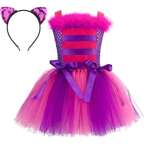 Cheshiree Cat Dress for Girls Kids Halloween Costume Fluffy Purple Animal Cosplay Clothes with Headband Girls Birthday Party Set