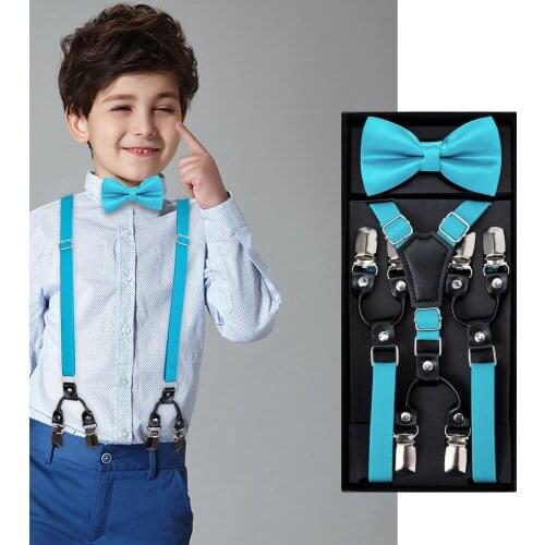 Kids Blue Bow Tie Elastic Suspender Boys Girls Wedding Party Adjustable Suspender Set Children Leather Y-Back Brace Belt DiBanGu