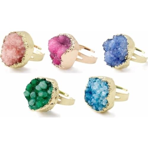 Druzy Natural Fashion Stone flower Ring rainbow Handmade Jewelry Gold Color Ring for Women Wedding Party Gift