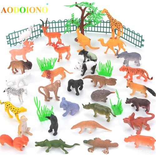 53pcs Jungle Animal Model Action Figures Toys Simulation Animal World Toy Set with Fences Grasses Coconut Tree Accessories