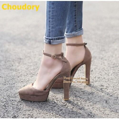 Choudory Elegant Women Coffee Black Chunky Heel Dress Pumps Platform Buckle Strap Gladiator Shoes Plus Size46 Footwear Dropship