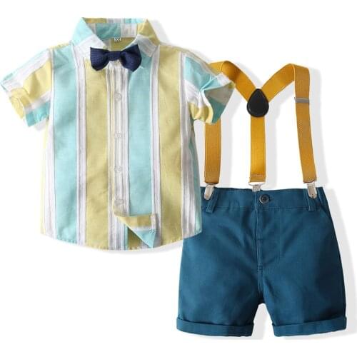 Boys clothing set summer baby gentleman suits short sleeve shirt + shorts + belt 4 pieces kids children set for 2-7 years