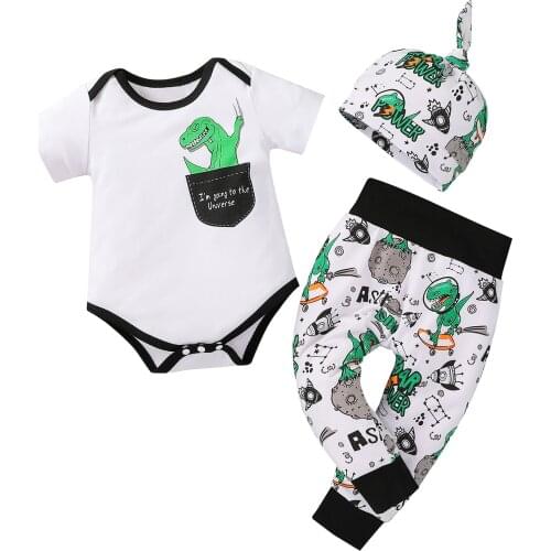 3 Pieces Kids Suit Set Dinosaur Print Round Neck Short Sleeve Romper+ Long Pants+ Hat for Boys Girls 0-18 Months