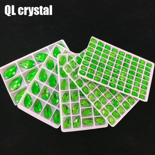 ALL Size QL Crystal 2018 popular Grass green Drops Sew On Crystal Stones Sewing On Rhinestone 2 Holes DIY Garment Dress Making
