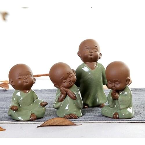 2020 BEST business gift # Marvellous ART# HOME OFFICE 4P CHAN DAO Little Monk sand-fired porcelain GE YAO pottery ART statue