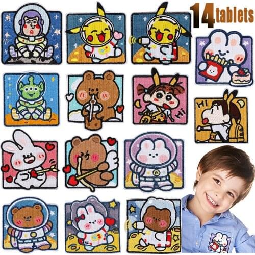 Cartoon Bunny Embroidery Cloth Patches Space Pikachu Iron on Patch Kawaii Cupid Love Match Thermo Adhesive Appliques DIY Sewing