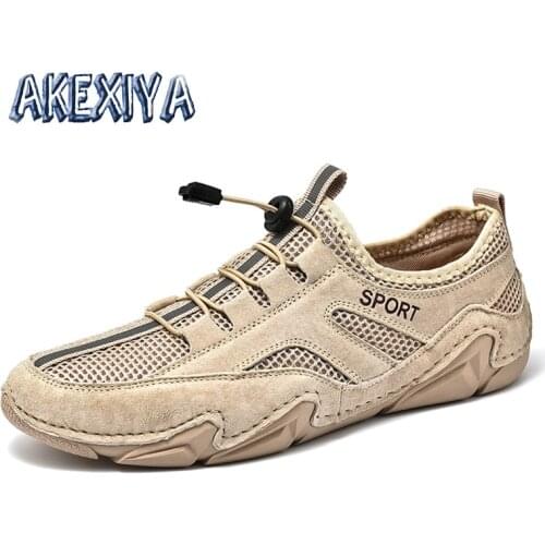 Summer Mens Casual Shoes Genuine Leather Mesh Breathable Handmade Mens Sneakers Leather Outdoor Flat Mens Moccasins Plus Size