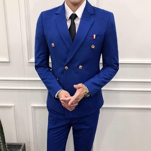 2021 Men 8 Colors Summer Wedding Suits Double Breasted Half Sleeve Blazers Pant Casual Jacket Coat Trousers 2 Pieces Set
