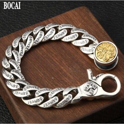 Thai Silver Fashion Men Bracelet S925 pure Silver Personality King Kong Buckle Six Words Rotating Good Luck Man Bracelet Silver