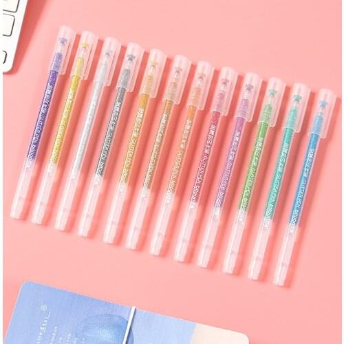 12 Colors Highlighter Pen Set Children Students DIY Writing Pen School Supplies Stationery Cute Glitter Gel Pen Painting Tool