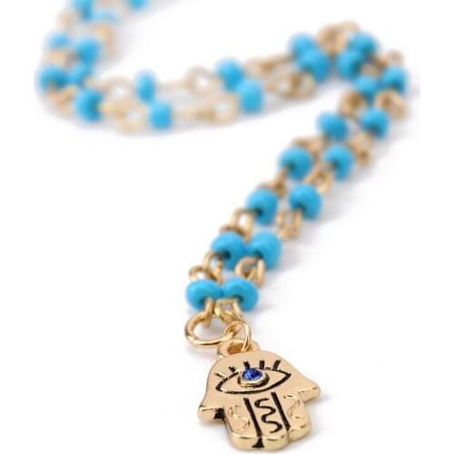 Charm Lucky Protection Hamsa Fatima Hand Evil Eye Pendant Beads Chain Necklace