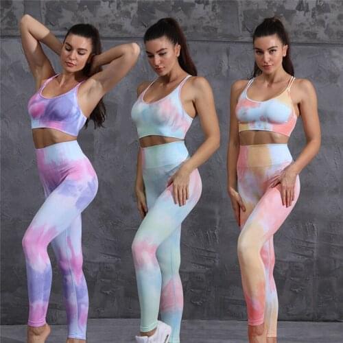 Dyeing Women Yoga Sets Seamless Fitness Sportswear Suits Tights Slim Sports Bra Elastic High Waist Leggings Pants 2Pcs Set