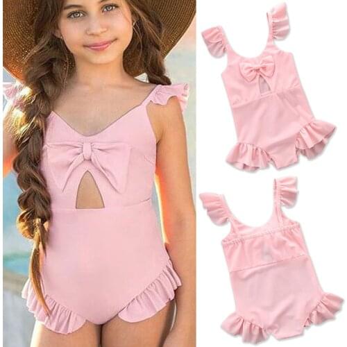2-6Y Summer Swimsuit Toddler Baby Bikinis Set Girls Solid Bowknot Swimwear Beach Romper Clothes Kaiwaii Swimsuit Beachwear