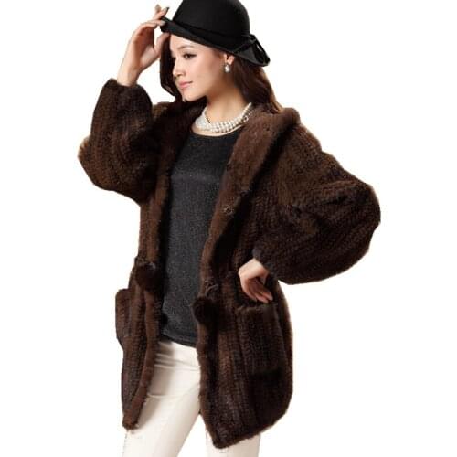 Luxury Winter Womens Genuine Real Knitted Mink Fur Coat with Hoody Lady Warm Outerwear Overcoat VF0498