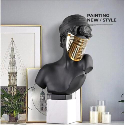 MODERN RESIN PORTRAIT MARBLE BASE METAL MASK STATUES ORNAMENTS HOME LIVINGROOM TABLE FIGURINES CRAFTS HOTEL LOBBY DECORATION ART