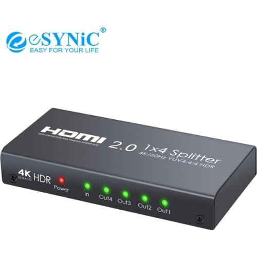 ESYNiC HDMI 2.0 Splitter 4K/60Hz YUV 4:4:4 HDR 1 in 4 out HDMI Distribution Amplifier for PS4 Xbox One Sky Box HD TV Projector