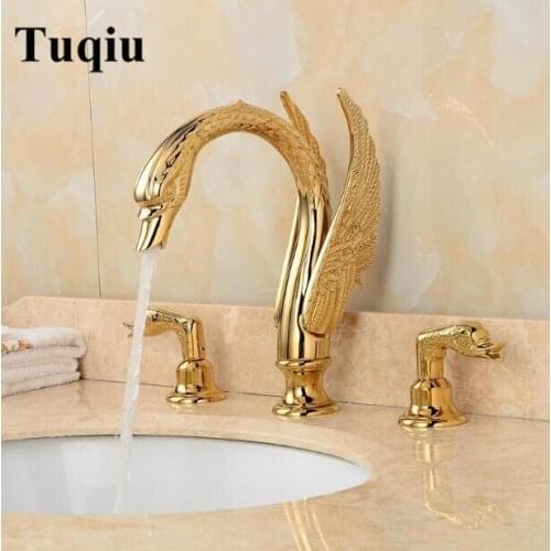 Luxury brass material swan design double handle bathroom water faucet gold finished widespread basin faucet sink faucet
