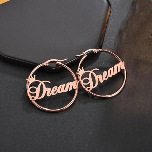 Big Round Circle Custom Name Earrings For Women Custom Gold Stainless Steel Letter Crown Earring Friend Jewelry Gift