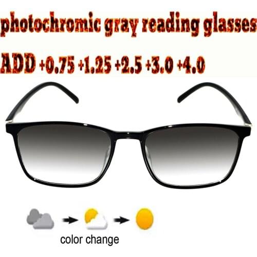 Photochromic Gray Reading Glasses Squared Ultralight Trend High Quality Fashion Men Women+1.0 +1.5 +1.75 +2.0 +2.5 +3 +3.5 +4