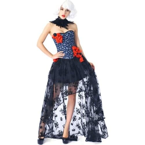 Blue Skull Print Denim Red Floral Appliques Sexy Corset Top Gothic Skirt Set Club Outfits Steampunk Clothing Burlesque Dress