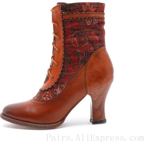 Retro Ankel Boots for Women Real Leather Luxury Design High Heel Shoes Ladies Festival Footwear kobiet buty botas mujer Size 42