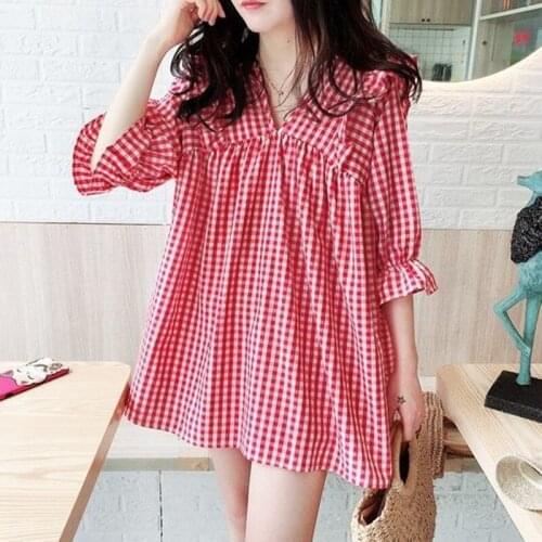 Women Cotton Shirt Half Sleeve Red Plaid V-Neck Sweet Cute Linen Autumn Tshirt Big Size 2020 Top Chemise Fashion Office Clothes