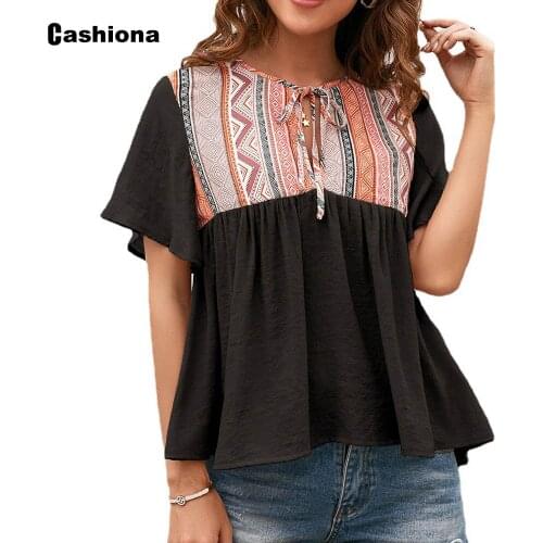 Cashiona Plus size Women Elegant Leisure Casual T-shirt Patchwork Retro Print Loose Womens Top 2021 Summer Tees shirt Femme
