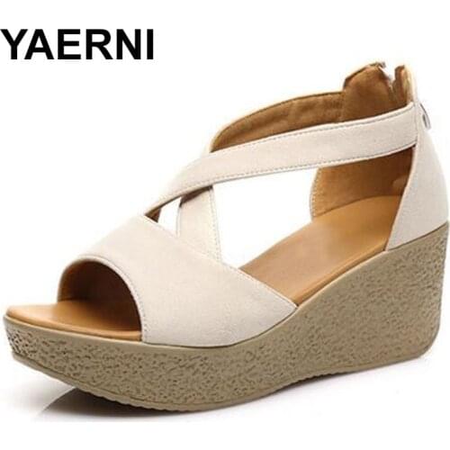 YAERNI 2018 Cow Leather Sandals Women Shoes Platform Wedges Sandals 2018 New Summer Women Sandals High Heel Shoes Sandals E594