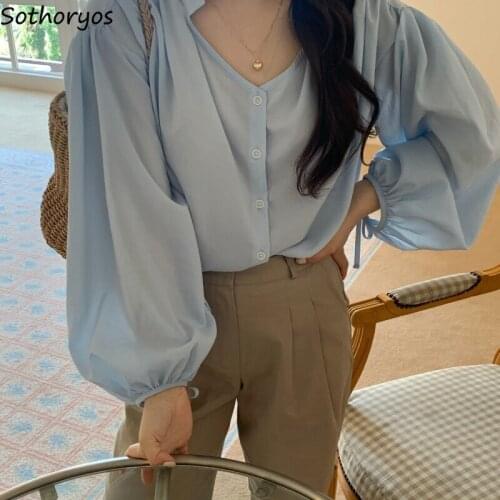 Women Shirts Solid Elegant Female Blouses Office Lantern Long Sleeve V-neck All-match Korean Style Button Up Ulzzang Chic INS
