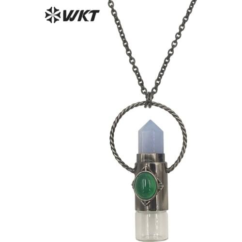 WT-N1309 Black gun electroplated natural stone spirit quartz roller perfume bottle pendant necklace for Women Gift stone bottle