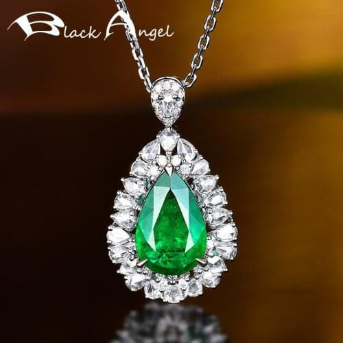 BLACK ANGEL 2021 New Silver Large Water Drop Shaped Emerald Luxury Pendant Necklace for Women Inlaid Zircon Choker Fine Jewelry