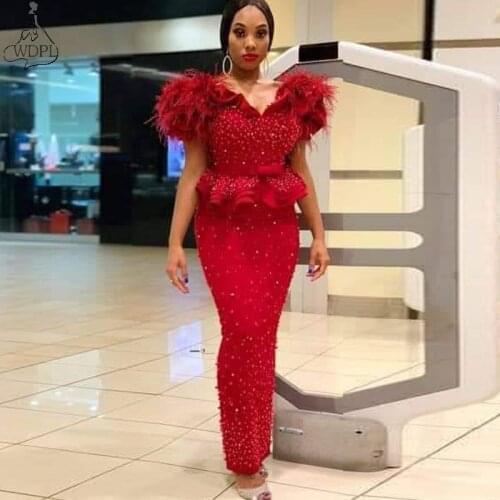 Aso Ebi Style Beading Mermaid Evening Dress Plus Size Off the Shoulder Ruffled Feather Formal Prom Dresses Turkey robe de soiree