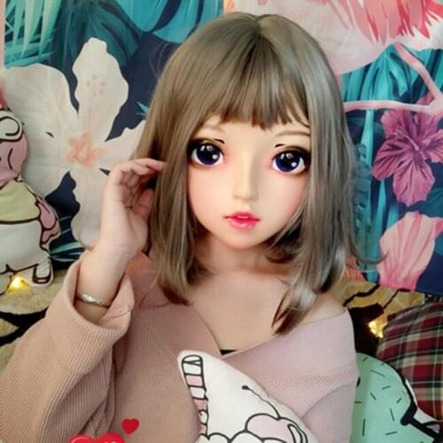 Zhu-04)Female Sweet Girl Resin Half Head Kigurumi BJD Eyes Crossdress Cosplay Japanese Anime Role Lolita Mask With Eyes And Wig