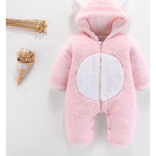New Born Baby Winter Warm Hooded Clothing Long Sleeved Cute Cartoon Fleece Rompers Infant Baby Boys Girls Pink One Piece Outfit