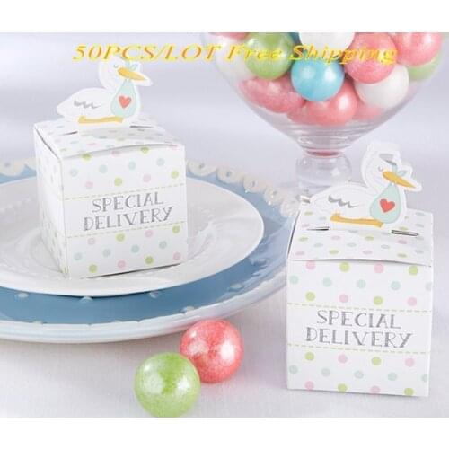 50 pieces/lot) Baby Candy box of Little Special Delivery Stork Favor Box for baby duck gift box and Party decoration paper box