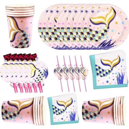 62pcs/lot Mermaid Theme Kids Girls Favors Straws Tableware Cups Happy Birthday Party Dishes Baby Shower Party Napkins Blowouts