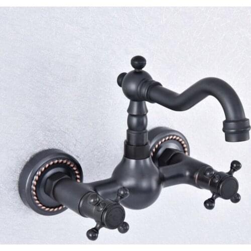 Wall Mounted Bathroom Kitchen Faucet Dual Handle Black Bronze Hot and Cold Water Tap 360 Swivel Spout Kitchen Mixer Tap Lsf724
