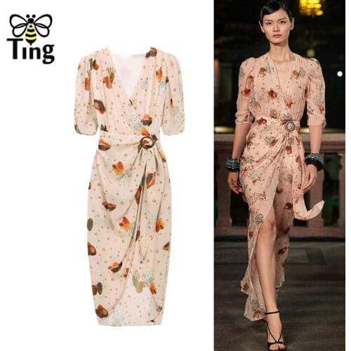 Tingfly Designer Flower Sexy Hot V Neck High Split Long Party Night Dresses Vintage France Fashion Celebrity Elbise Trendy Tide