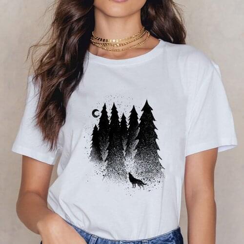 Beautiful Minimalist Harajuku Casual New T-shirt Animals and forest at night Graphic print T shirt Women Cool retro T Shirt