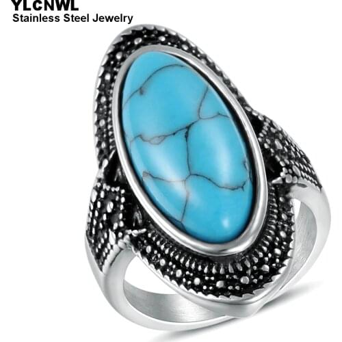 Blue Stone Stainless Steel Rings For Men Women Gold/Black Color Vintage Jewelry Party Gift